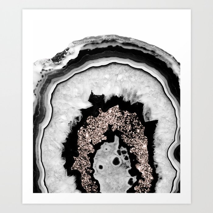 Gray Black White Agate With Rose Gold Glitter 1 Gem Decor Art