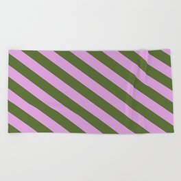 [ Thumbnail: Plum & Dark Olive Green Colored Lines/Stripes Pattern Beach Towel ]