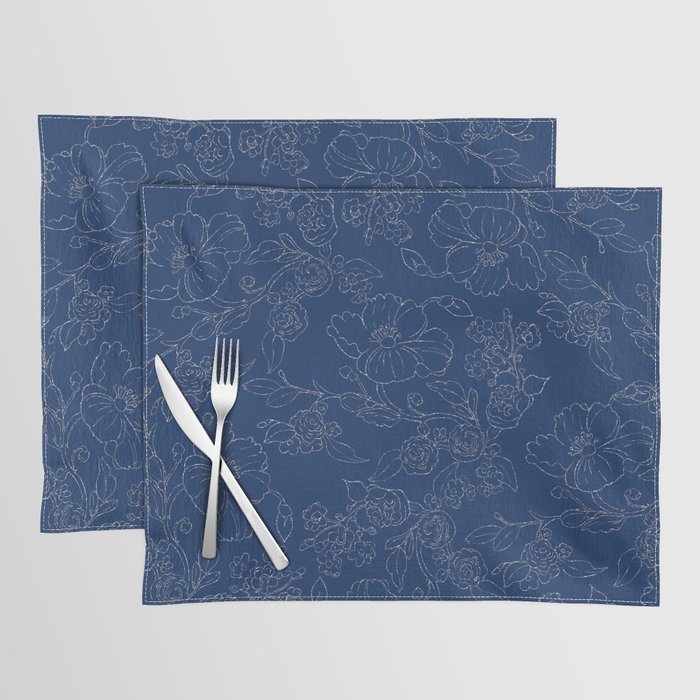 Elegant Chic Navy Blue Silver Glitter Flowers Pattern Placemat