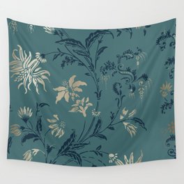 Vintage Ornamental Florals, in Teal and Gold Wall Tapestry