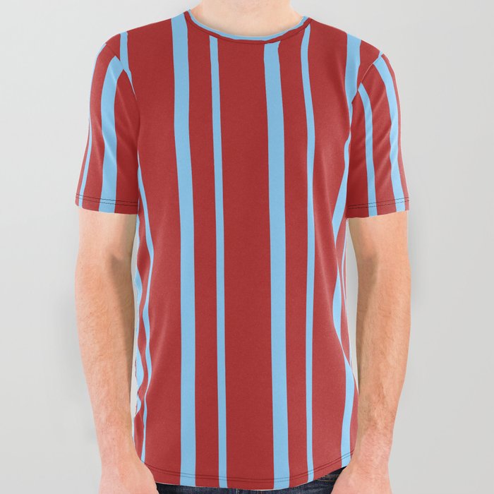 Red & Light Sky Blue Colored Striped/Lined Pattern All Over Graphic Tee