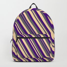 [ Thumbnail: Indigo, Dim Grey, and Tan Colored Lined Pattern Backpack ]