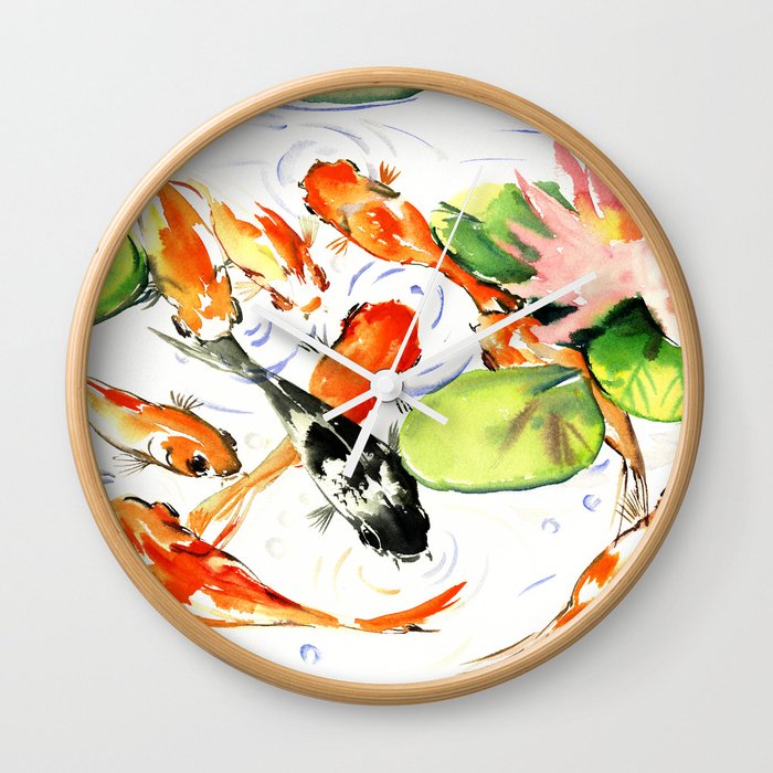 Koi Fish Pond Feng Shui 9 Koi Fish Art Wall Clock By Sureart
