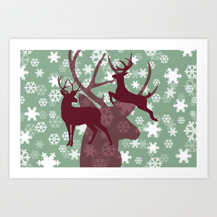 Reindeer silhouette red snowflakes green Art Print