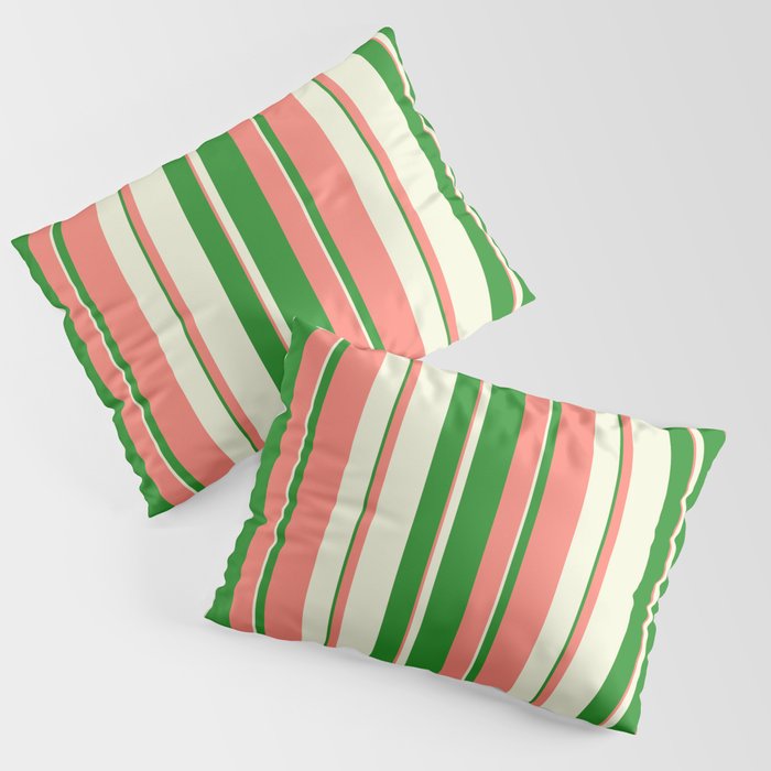Salmon, Forest Green & Beige Colored Lined Pattern Pillow Sham