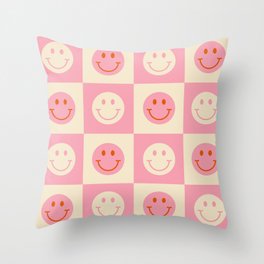 70s Retro Smiley Face Tile Pattern in Pink & Beige Throw Pillow