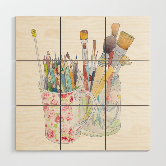 Art Tools: pencils and brushes (ink & watercolour) Wood Wall Art