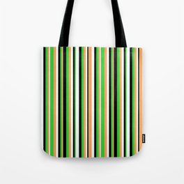 [ Thumbnail: Brown, Lime Green, Black & Mint Cream Colored Stripes Pattern Tote Bag ]