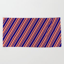 [ Thumbnail: Coral and Blue Colored Striped Pattern Beach Towel ]