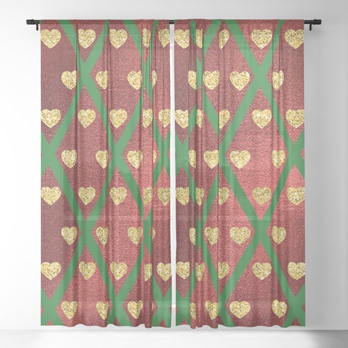 Gold Hearts on a Red Shiny Background with Green Crisscross Lines  Sheer Curtain