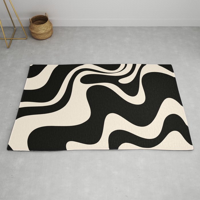 Retro Liquid Swirl Abstract Pattern 3 in Black and Almond Cream Bath Mat by  Kierkegaard Design Studio