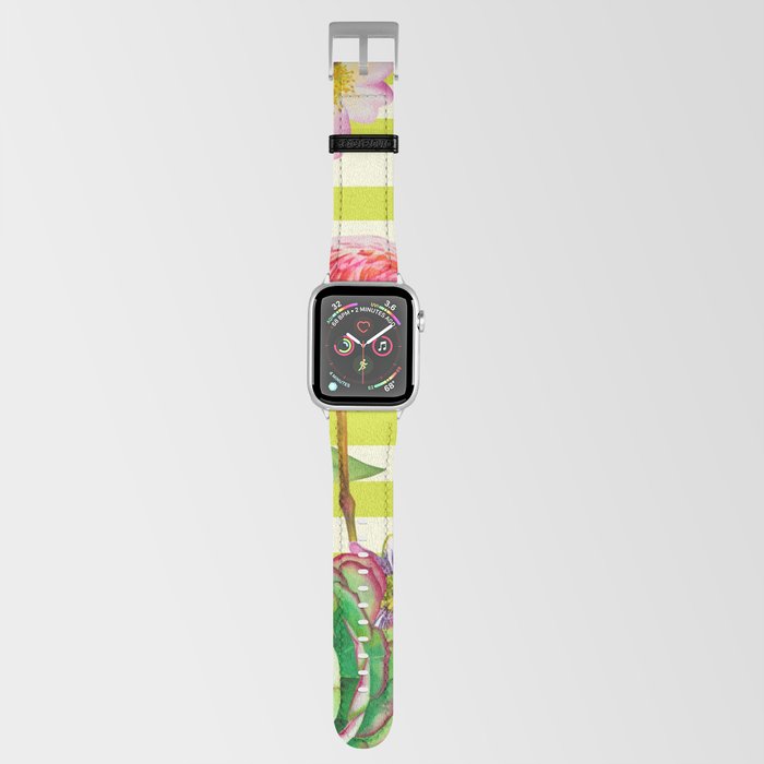 seamless pattern with pink flamingo and exotic tropical plants on a striped background Apple Watch Band