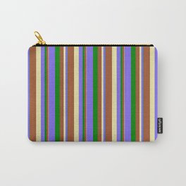 [ Thumbnail: Green, Medium Slate Blue, Pale Goldenrod, and Sienna Colored Striped Pattern Carry-All Pouch ]