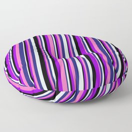 [ Thumbnail: Dark Violet, Hot Pink, Midnight Blue, Light Cyan & Black Colored Lined/Striped Pattern Floor Pillow ]