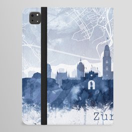 Zurich Skyline & Map Watercolor Navy Blue, Print by Zouzounio Art iPad Folio Case