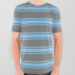 [ Thumbnail: Grey and Light Sky Blue Colored Lines Pattern All Over Graphic Tee ]