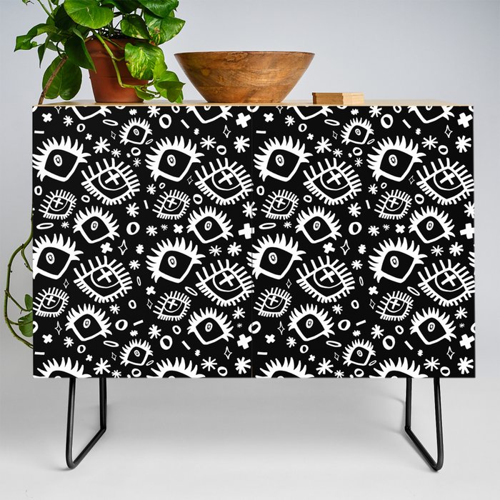 Black and White Trippy Doodle Eye Pattern Credenza