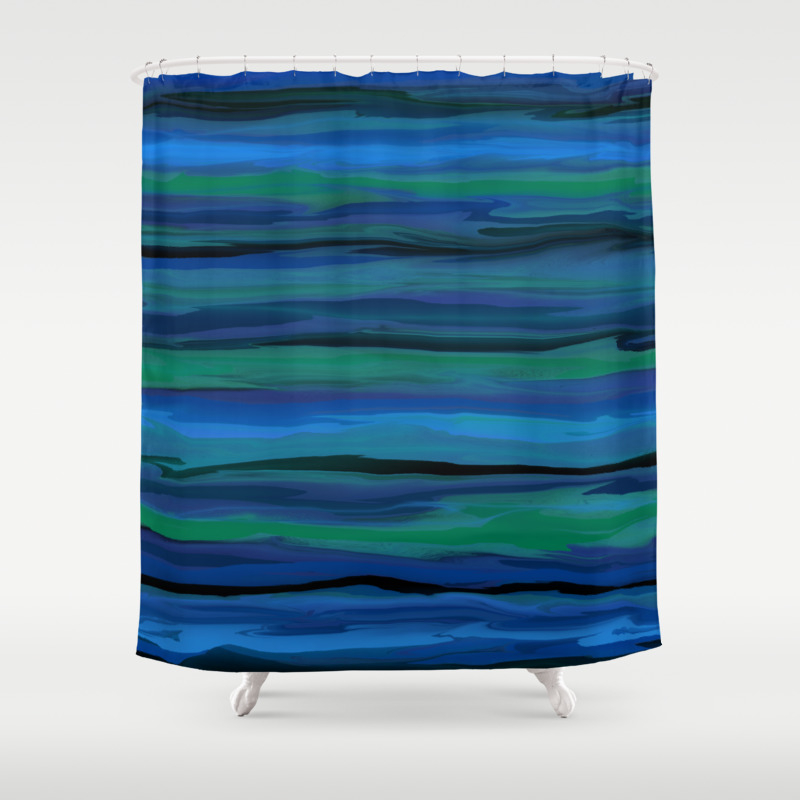 Slate Blue Aqua And Onyx Black Stripes Abstract Shower Curtain