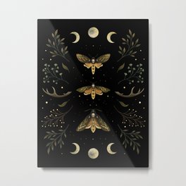 Death Head Moths Night Metal Print | Moonphases, Midnightgarden, Graphicdesign, Mystical, Floraandfauna, Magical, Bohemian, Goldenbrown, Black, Botanical 
