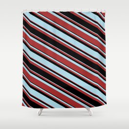 [ Thumbnail: Light Blue, Brown, and Black Colored Stripes/Lines Pattern Shower Curtain ]
