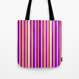 [ Thumbnail: Tan, Dark Violet, Purple, and Salmon Colored Striped Pattern Tote Bag ]