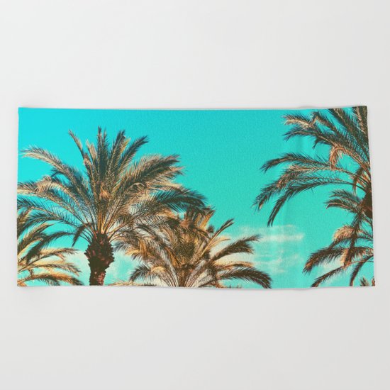 Tropical Palm Trees - Vintage Turquoise Sky Beach Towel