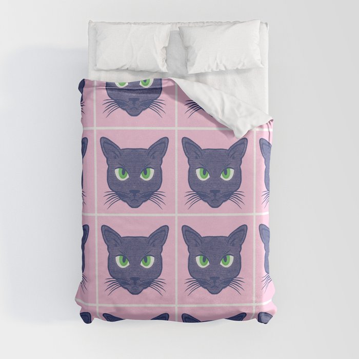 Retro Modern Periwinkle Cats Pink Duvet Cover