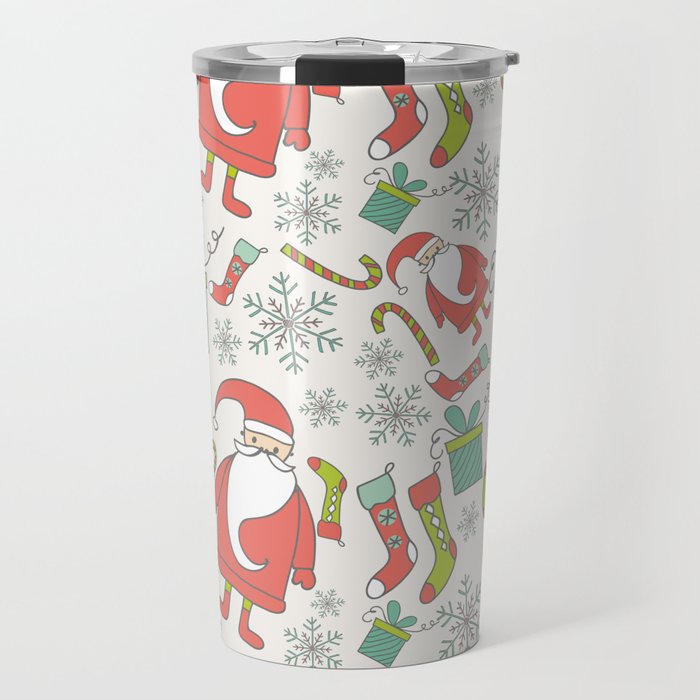 Santa Pattern with Stockings, Christmas Gifts, and Winter Snowflakes Travel Mug
