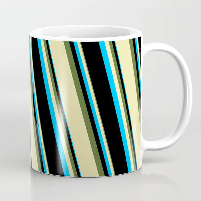 Dark Olive Green, Pale Goldenrod, Deep Sky Blue, and Black Colored Pattern of Stripes Coffee Mug
