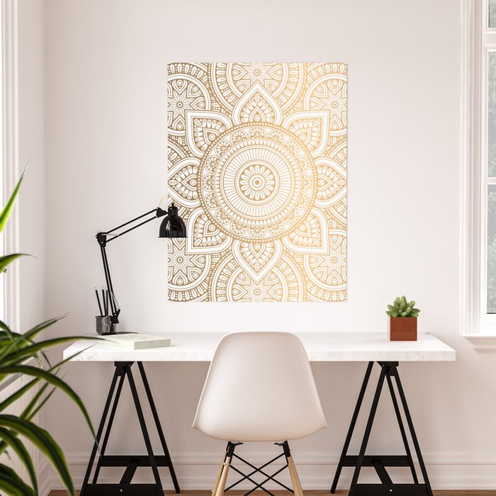 Gold Mandala Pattern Illustration With White Shimmer Poster by Vic Torys