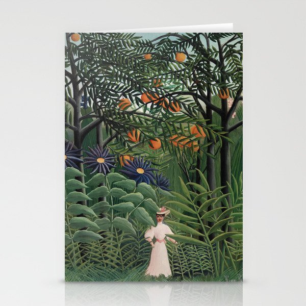 Woman Walking in an Exotic Forest Stationery Cards