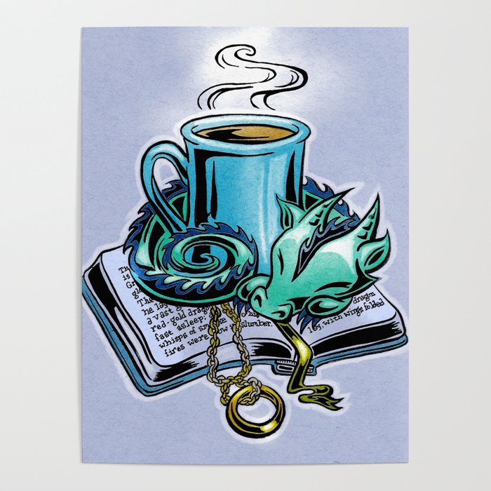 Snuggly dragon and a coffee cup Poster
