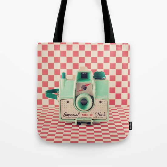 Mint Retro Camera on Red Chequered Background Tote Bag