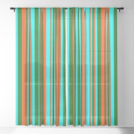 [ Thumbnail: Red, Cyan, and Dark Green Colored Lined/Striped Pattern Sheer Curtain ]