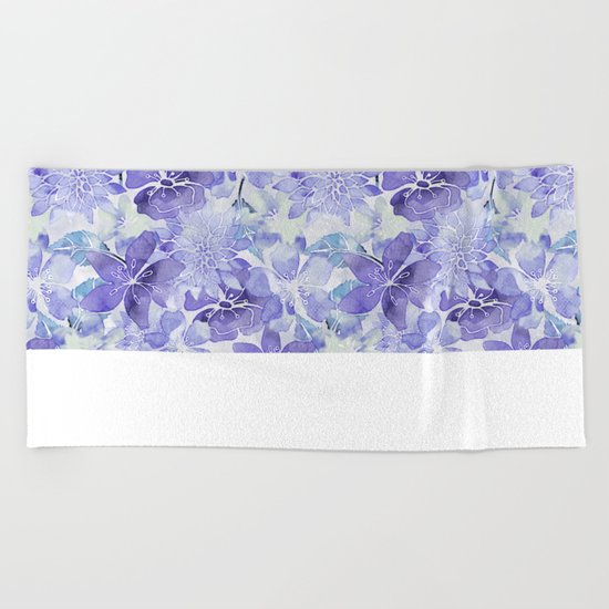 Purple Flower watercolor allover pattern Beach Towel