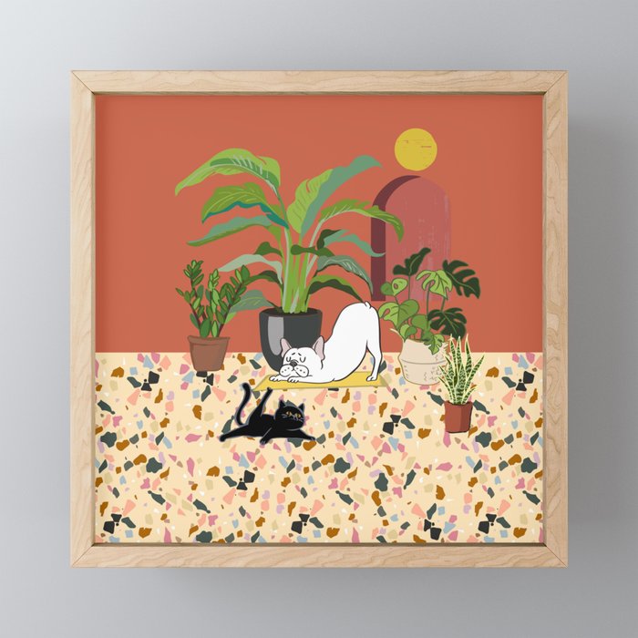 Frenchie Yoga with Plants Framed Mini Art Print