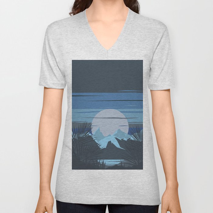 Minimalistic Moody Blue Moonrise In Tropical Mountains Landscape V Neck T Shirt