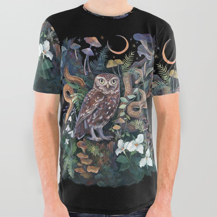 Owl and Snakes Mushroom forest All Over Graphic Tee