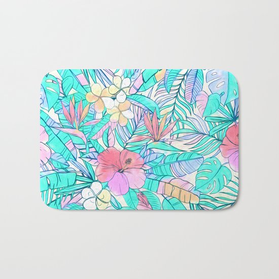 Pretty Pastel Hawaiian Hibiscus Print Bath Mat