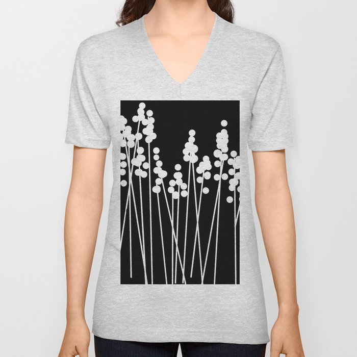 Hello Spring! White Retro Plants on Black- Black and White Version #decor #society6 #buyart V Neck T Shirt