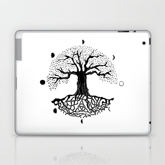 black and white tree of life with moon phases and celtic trinity knot II Laptop & iPad Skin