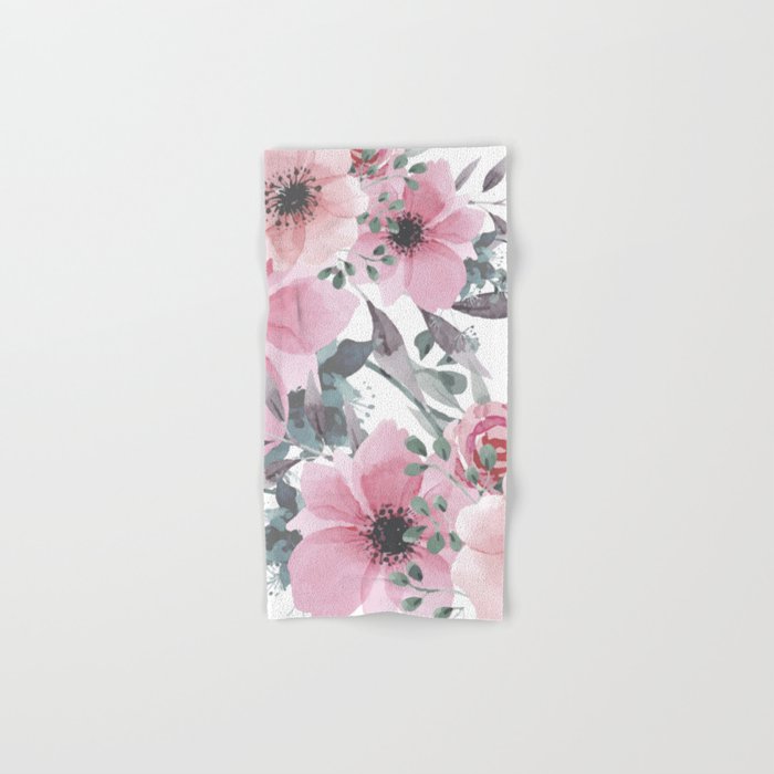 Floral Watercolor, Pink and Gray, Watercolor Print Hand & Bath Towel