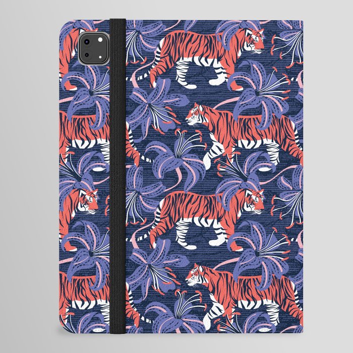 Tigers in a tiger lily garden // textured navy blue background coral wild animals very peri flowers iPad Folio Case