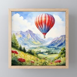 Hot Air Balloon Flying over Mountains - Watercolor Landscape Framed Mini Art Print