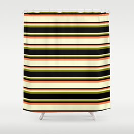 [ Thumbnail: Coral, Light Yellow, Green, and Black Colored Lined/Striped Pattern Shower Curtain ]