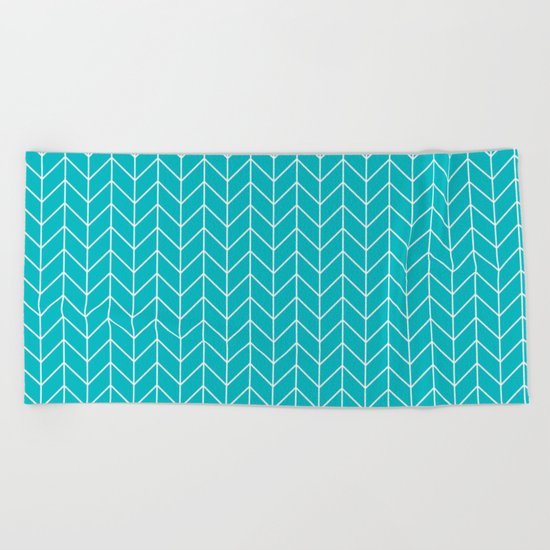 Nautical Navy Herringbone Pattern- White on Aqua on #Society6 Beach Towel