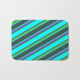 [ Thumbnail: Cyan, Slate Blue, Dark Slate Gray & Lime Green Colored Stripes Pattern Bath Mat ]