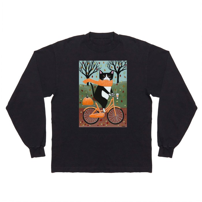 Tuxedo Cat Autumn Bicycle Ride Long Sleeve T Shirt