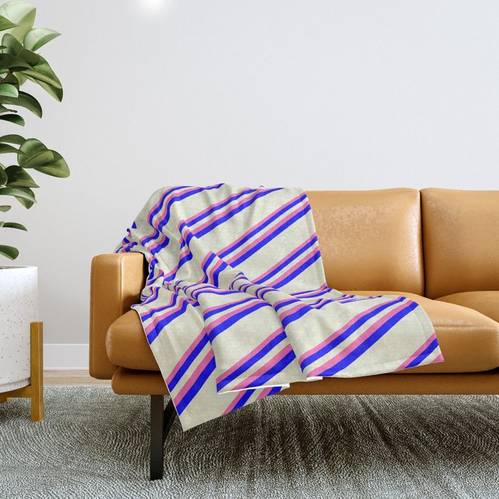 Hot Pink, Blue, and Beige Colored Striped Pattern Throw Blanket