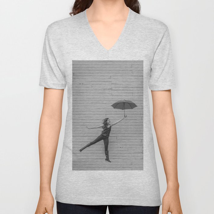 On the way to the break of day; woman flying with umbrella confidence inspirational female black and white photograph - photography - photographs V Neck T Shirt